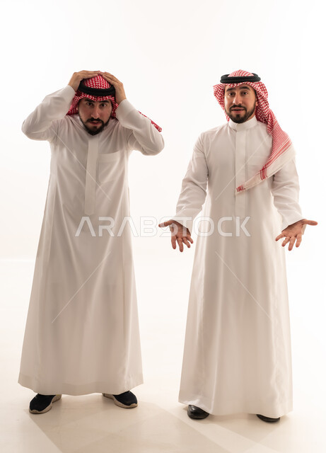 Saudi Men Expressing Distress on White Background