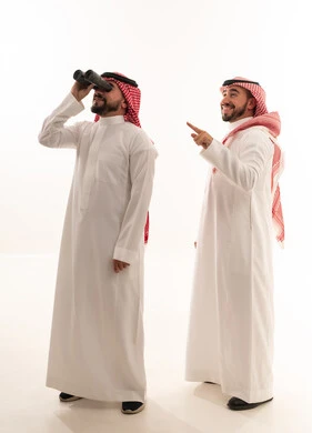 Saudi Men with Binoculars and Pointing Gesture