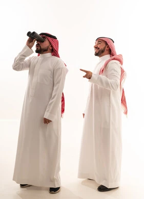 Saudi Men in Traditional Thobe with Binoculars