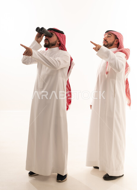 Saudi Men with Binoculars Pointing on White Background