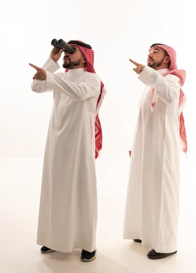 Saudi Men with Binoculars Pointing on White Background