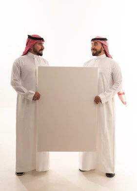 Saudi Men Holding Blank White Board in Studio