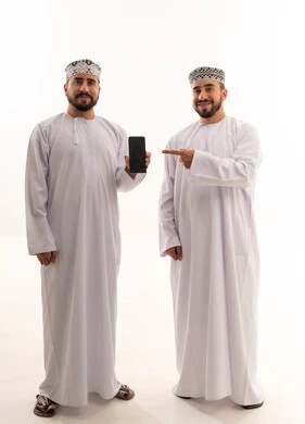 Omani Men with Smartphone on White Background