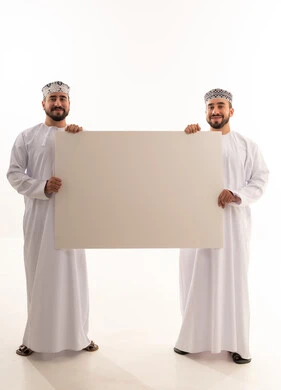 Two Omani Men Holding Large Blank White Billboard Studio