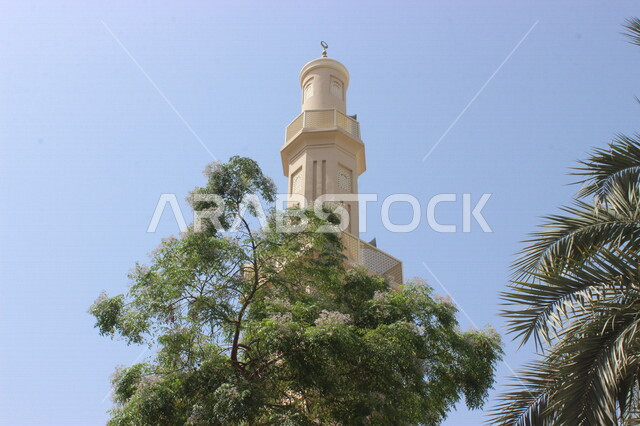 صورة مقربة لمئذنة إحدى المساجد بالمملكة العربية السعودية، العبادة والتقرب إلى الله، صوت الأذان، دعوة المسملين للصلاة، مئذنة المسجد ، منارة المسجد، سعف النخيل، اغصان الشجر