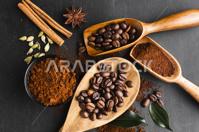 Close-up of dark coffee beans in the metal arm, coffee makers, coffee making, dark coffee beans, hot drinks