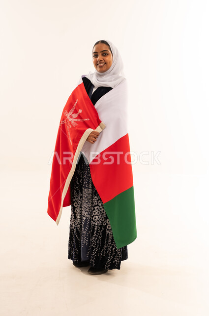 Omani Woman with National Flag on White Background