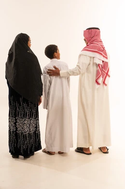 Saudi Family in Traditional Clothing Standing Back View