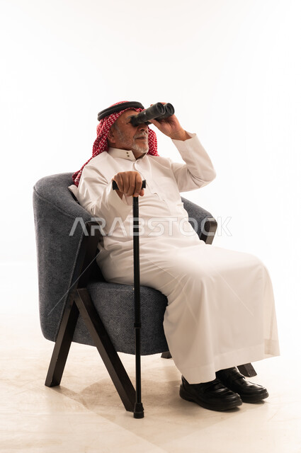 Elderly Saudi Man with Binoculars on White Background
