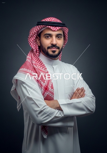 بورتريه لرجل سعودي بالثوب والشماغ بوقفة رسمية