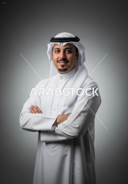 رجل سعودي بالثوب والغترة بوضعية أذرع متقاطعة