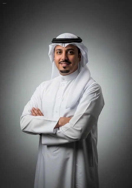 رجل سعودي بالثوب والغترة بوضعية أذرع متقاطعة