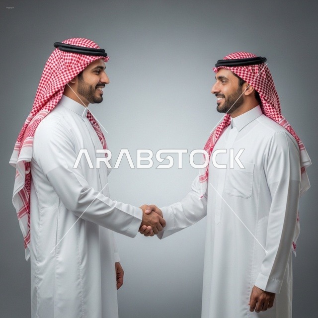 رجلان سعوديان بالثوب والشماغ يتصافحان في الاستوديو