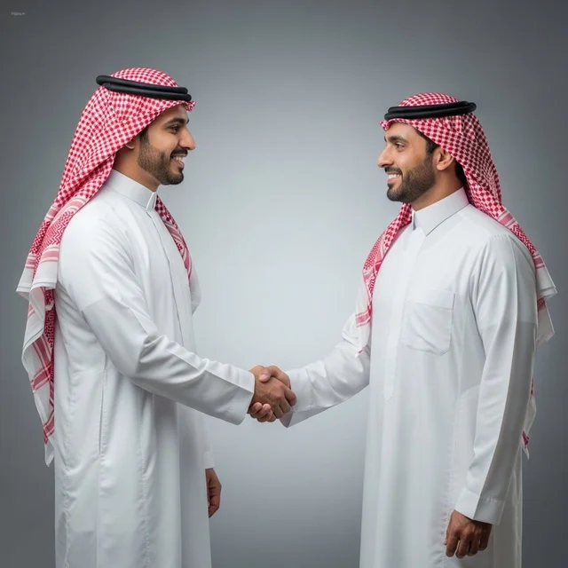 Two Saudi Men in Traditional Thobes Handshaking