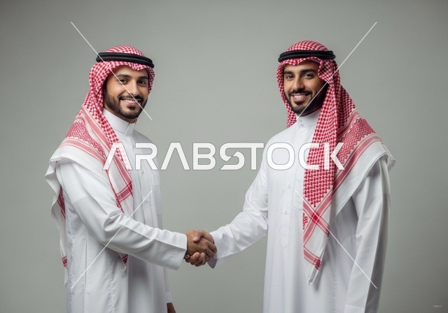 رجلان سعوديان بالزي الرسمي يتصافحان باتفاق عمل