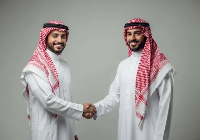 رجلان سعوديان بالزي الرسمي يتصافحان باتفاق عمل