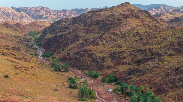 A desert valley and rugged mountains with palm trees in Hail.
