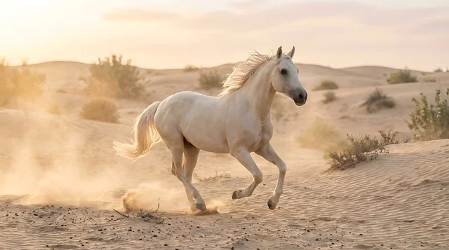 حصان عربي أصيل يركض في صحراء الربع الخالي