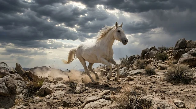 White Arabian Horse Running in Empty Quarter Desert