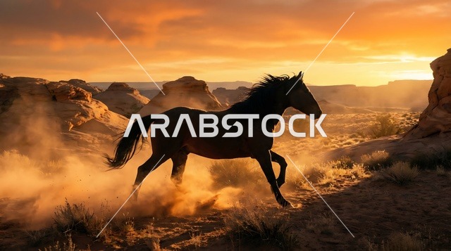 حصان عربي أصيل يجري في صحراء الربع الخالي وقت الغروب