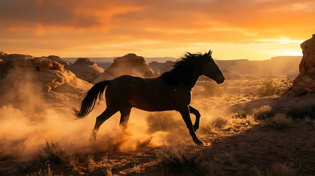 Arabian Horse Running in Rub al Khali Desert at Sunset