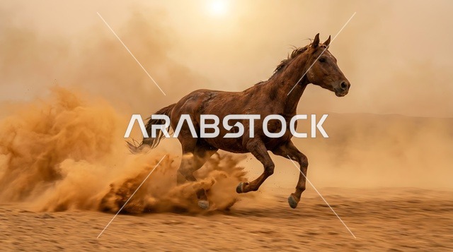 حصان عربي أصيل يركض في صحراء الربع الخالي بالسعودية