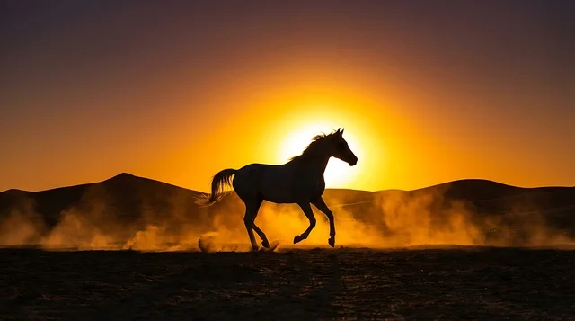 Arabian Horse Running in Saudi Rub al Khali at Sunset