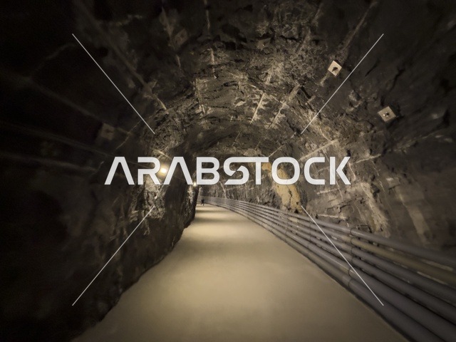 منظر داخلي لكهف الهوته في سلطنة عمان يظهر التكوينات الصخرية الطبيعية والممرات المضاءة في أجواء جيولوجية مذهلة.