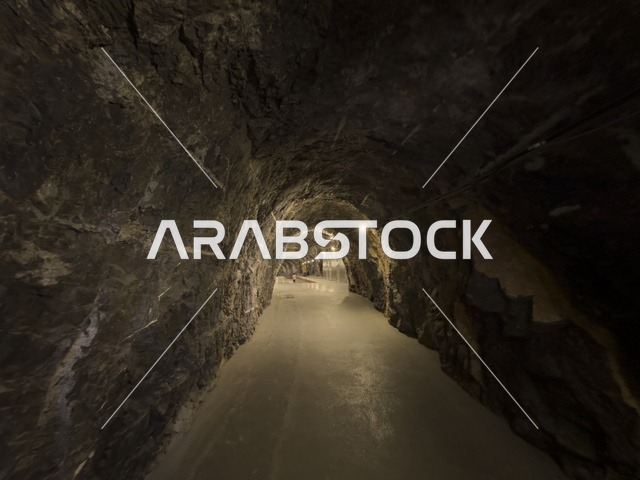 منظر داخلي لكهف الهوته في سلطنة عمان يظهر التكوينات الصخرية الطبيعية والممرات المضاءة في أجواء جيولوجية مذهلة.