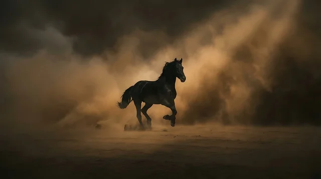 حصان عربي أصيل يجري وسط غبار صحراء الربع الخالي بالمملكة