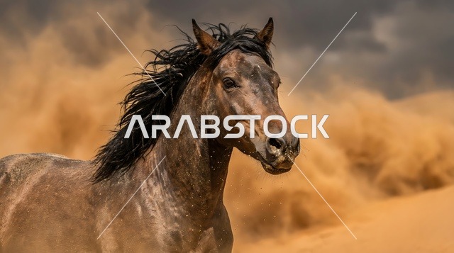 حصان عربي أصيل يركض في صحراء الربع الخالي