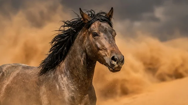 حصان عربي أصيل يركض في صحراء الربع الخالي