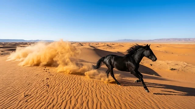 حصان عربي أسود يركض في صحراء الربع الخالي