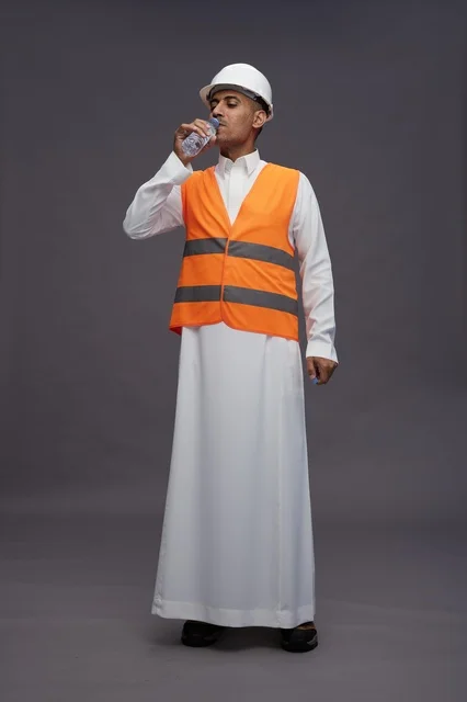 Saudi Worker in Safety Gear Drinking Water