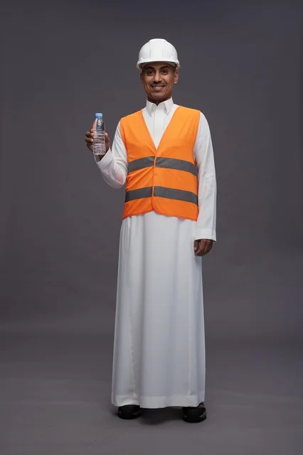 Saudi Worker in Safety Gear Holding Water Bottle
