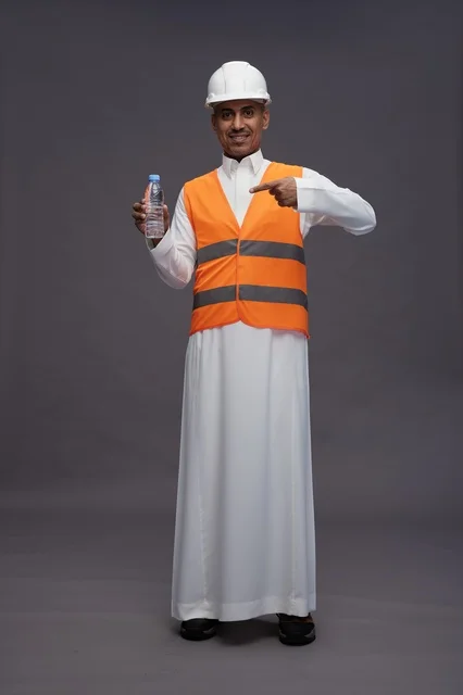عامل سعودي بمعدات السلامة يحمل زجاجة ماء