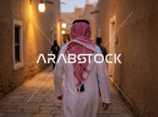 رجل سعودي يمشي في أزقة الرياض القديمة التراثية