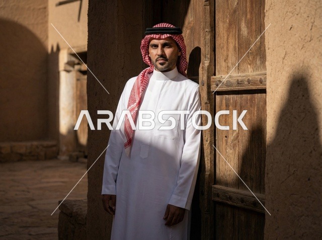 رجل سعودي في الرياض القديمة بجانب مبنى طيني تراثي