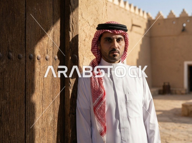رجل سعودي في مبنى طيني تراثي بالرياض القديمة