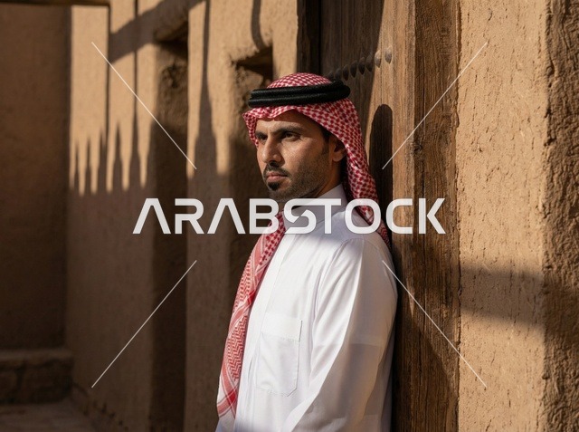 Saudi Man in Old Riyadh with Traditional Mud Architecture
