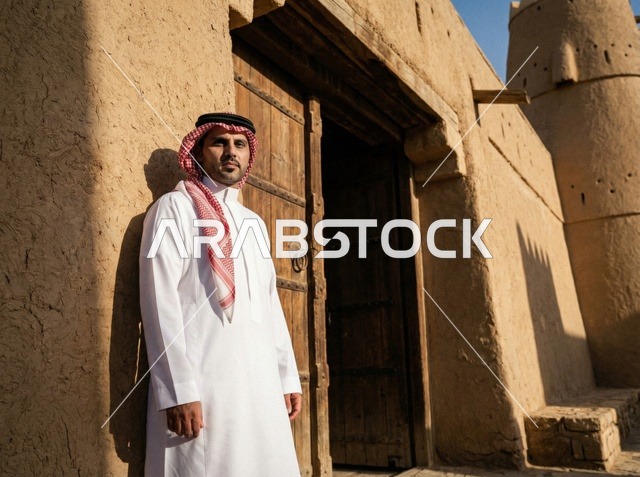 Saudi Man at Historic Mud Building in Old Riyadh