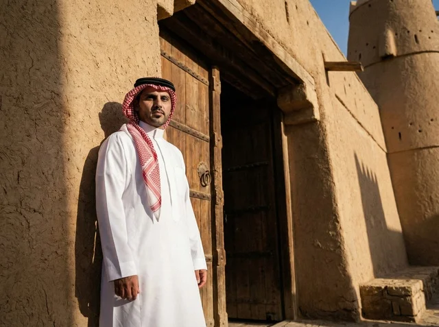 Saudi Man at Historic Mud Building in Old Riyadh