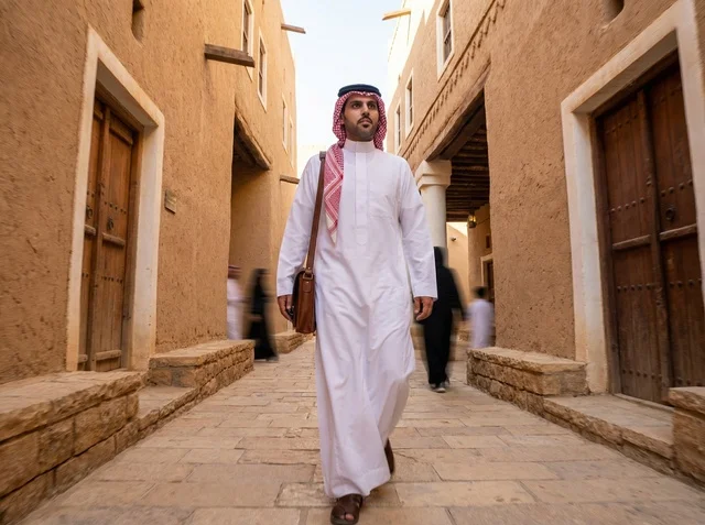 Saudi Man in Traditional Dress Walking in Old Riyadh