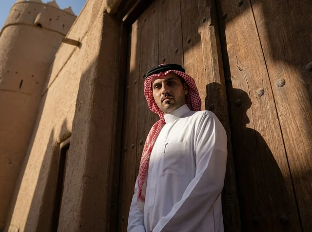 Saudi Man at Traditional Wooden Door in Old Riyadh
