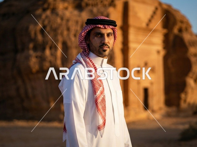 رجل سعودي في العلا مدائن صالح وقت الغروب