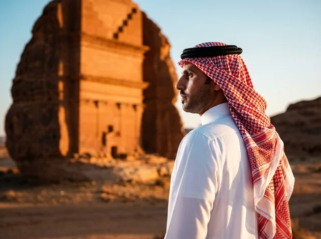 Saudi Man at Old Riyadh Historical Monument Sunset