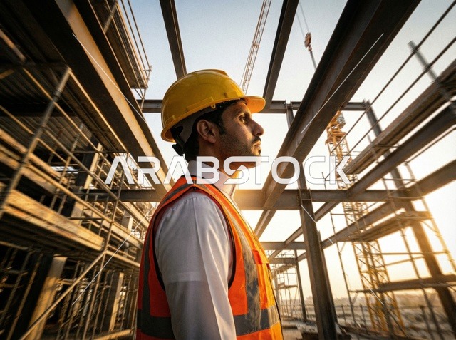Saudi Engineer at Construction Site During Sunset