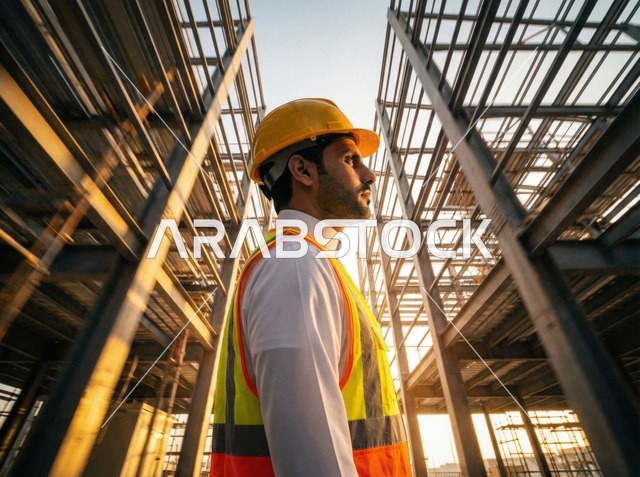 مهندس سعودي في موقع بناء وقت الغروب