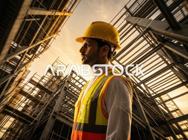 Saudi Engineer at Construction Site During Golden Hour