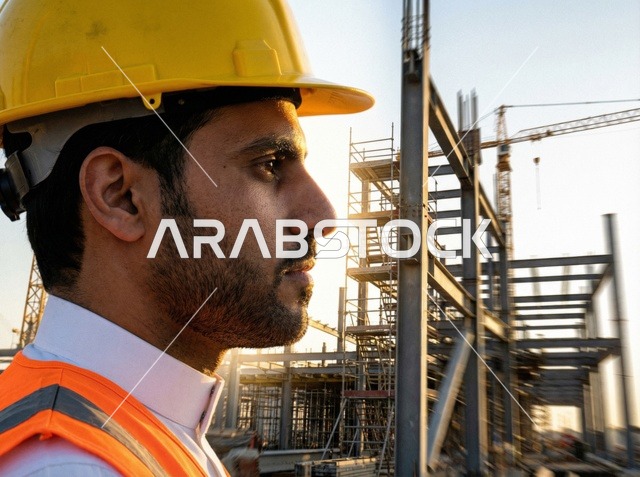 Saudi Engineer at Construction Site with Safety Gear